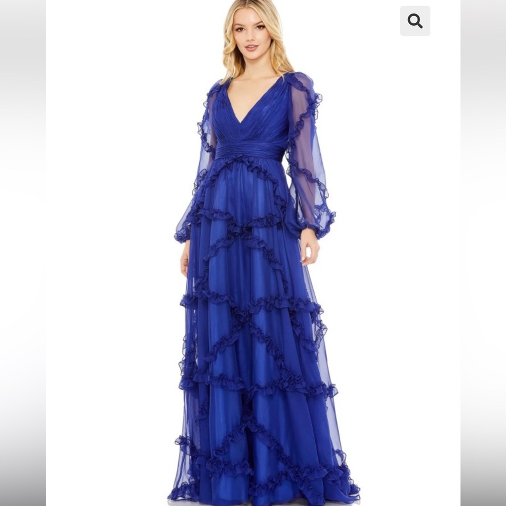 NWT,Mac Duggal Cascading Ruffle Puff Sleeve A-Line Gown,sapphire